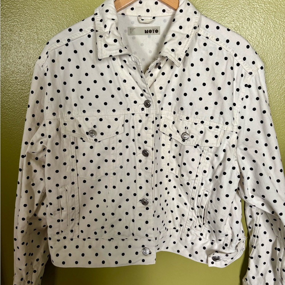 Top Shop cropped White Polka Dot Denim Jacket